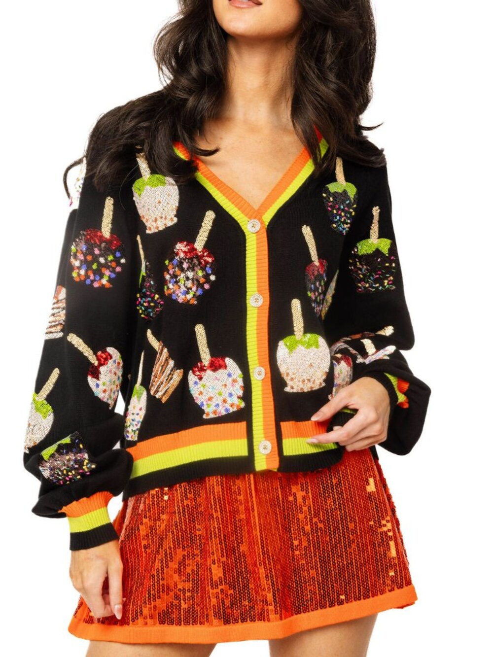 NWT Queen of Sparkles Multi Candy Apples Sequin Button Up Cardigan